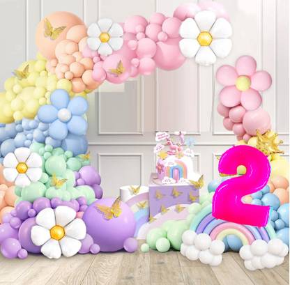 Bash N Splash Printed 2nd Birthday Decoration Set Pastel Balloon Arch Daisy Butterfly Rainbow Number Balloon