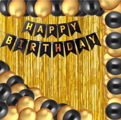 Mooke Solid Happy Birthday Golden Banner (13 foil letter 1 pack) / 2 Pcs silver Metallic Fringe Shiny Curtains / 30Pcs Gold and Black latex Metallic balloons for decoration(pack of 45) Balloon