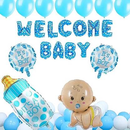 groovywings Solid Welcome Baby Boy Balloons Decoration Set of 55 Pcs Balloon