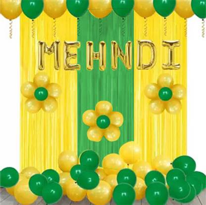 Prihit Mehndi Foil Banner with Metallic Balloons and 3 Curtain - Set of 39