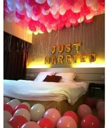 Naveen Solid DECORATION JUST MARRIED FOIL METALLIC BALLOON (RED , PINK , WHITE) SILVER RIBBON Balloon