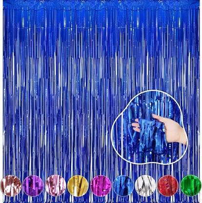 Wobbox Tinsel Metallic Foil Fringe Curtains Backdrop Door Window Curtain Blue Party Decoration, (Big, 3ft x 8ft)