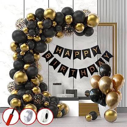 Prihit Birthday Decoration Kit Banner Black And Golden Metalic Balloons Set
