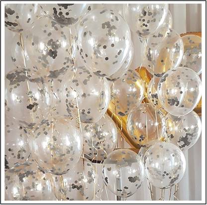 MeeZone Printed Silver Glitter Transparent Confetti Balloons For Balloon Garland/Birthday Balloon