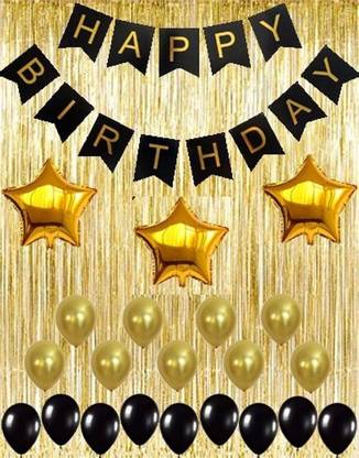 TRISHRA Solid Gold Metallic Fringe Shiny Curtains Black Happy Birthday Banner with Latex and Star Foil Balloons Decoration Kit Balloon