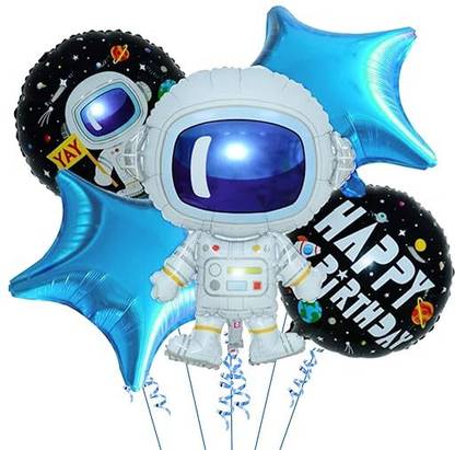 PARTY BREEZE Printed Astronaut Space Theme Foil Balloon Combo For Birthday Party Decorations items Balloon (Blue, Black, Pack of 5)