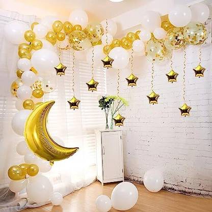 groovy dudz Solid Moon Star Foil with Metallic and Confetti Latex Balloons Set of 65 Pcs Balloon