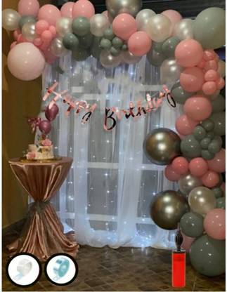 flipmate Solid Rose Pink and White birthday decoration Kit with White Net set of 71 Airwalker