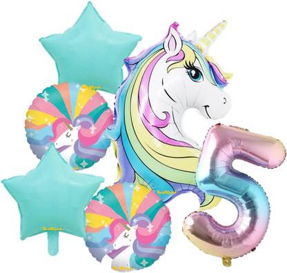 Bash N Splash Printed Rainbow Number 5 Unicorn Helium Quality 5th Birthday Party Foil Balloon 6 Pcs Balloon