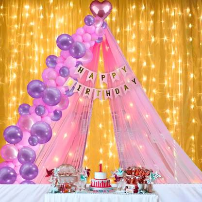 1iAM Printed Birthday Decoration Items Cursive - Banner, Net, Rice Light, Arch, 40 Balloons Balloon