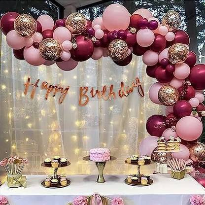 PARTY MIDLINKERZ Solid Girl Pink Burgandy Birthday Kit with White Net Curtain Cloth and LED Lights Balloon