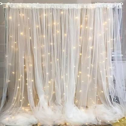 PARTY MIDLINKERZ Solid White Net Curtain, Birthday Decoration Items LED Fairy Lights for Kids & Adults Balloon