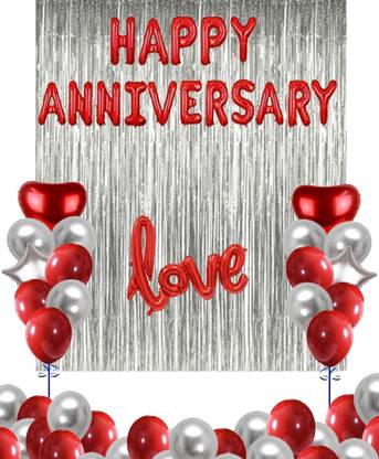 SOI Solid Happy Anniversary Foil with 50 HD Metallic Balloons with Love Foil Star Heart Decoration Kit Balloon