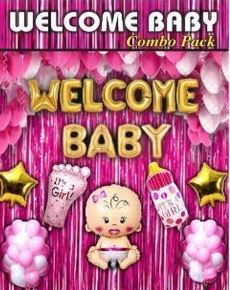 MAANAAS Solid Welcome Baby Girl Foil With 2 pink curtain,1 Bottle,1 Foot and 2 Gold star, 30 Balloon