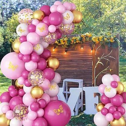 BashNSplash Printed Pink Gold Balloon Garland Arch set Butterfly Pink White Golden Confetti Balloon