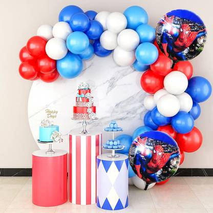 R G ACCESSORIES Solid Red Blue White Balloons Spider Man Garland Decoration Kit With Arch Pack Of 63 Balloon