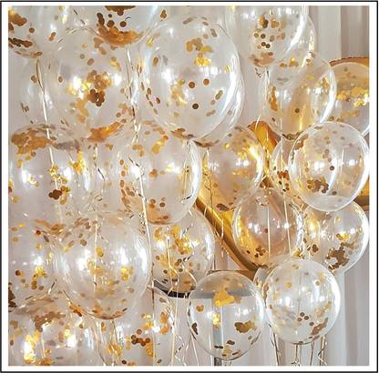 MeeZone Printed Golden Glitter Transparent Confetti Balloons For Balloon Garland/Birthday/ Balloon