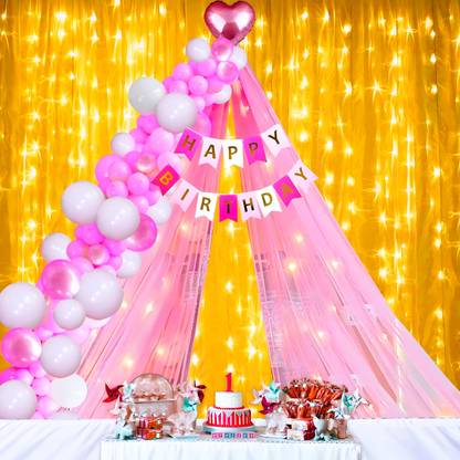 1iAM Printed Happy Birthday Decoration Items - Cursive Banner, Net, Rice Light, Glue Dots, 46 Balloon