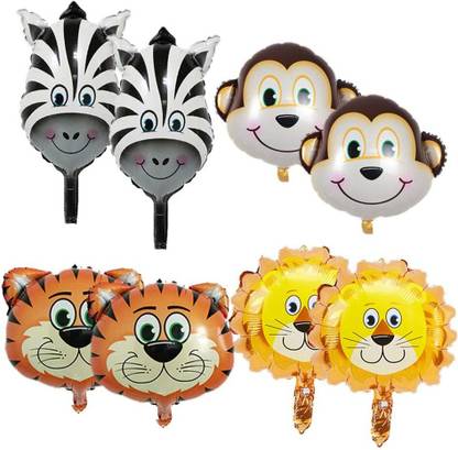 Giftzadda Printed Jungle Safari Theme 8 Pcs Lion Monkey Zebra Tiger Animal Foil Balloon Balloon