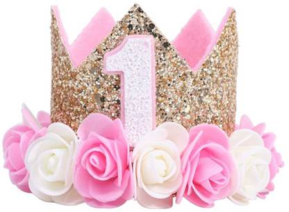 EXPOZZEN pink glitter crown for girl 1ST Birthday With Artificial Rose Flower- 1pc. Makeup Headband