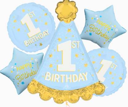 My Party Suppliers Printed Set of 5 1St Year Birthday Decoration foil balloon, birthday hat, star balloon Balloon