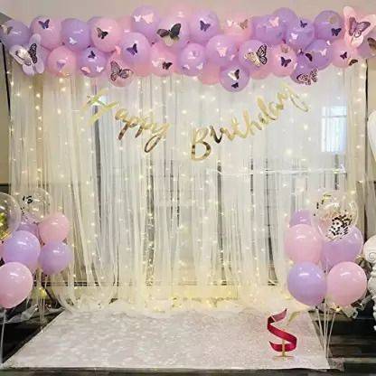 PARTY MIDLINKERZ Solid Girls Birthday Kit with White Net Curtain Cloth and LED Lights Balloon
