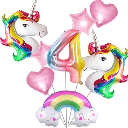 FLICK IN Printed Unicorn Theme 4th Birthday Decorations Kit Unicorn Balloon Decoration Set Balloon