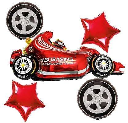 BashNSplash Printed F1 Racing Checkered Flag Racing Theme Foil Balloon 5 Pc Car theme Foil Helium Balloon Bouquet