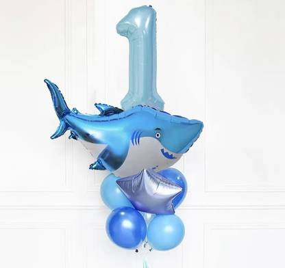 Bash N Splash Printed Under The Sea 1st Birthday Decoration Boys shark blue balloons & Star Balloon Bouquet