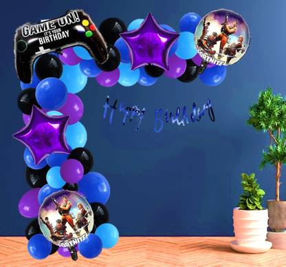 Bash N Splash Printed Fortnite Game on Theme Birthday Decoration kit with blue black purple balloons Balloon