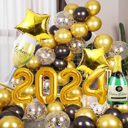 DAY DECOR Solid Happy New Year 2024 Foil Balloon Kit Pack of -72 New Year Decoration Balloons Balloon