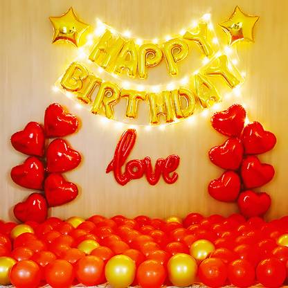 FOOGAA Solid Romantic Bright Red Premium Series Birthday Party Decor Kit with Pump LED Heart Balloon
