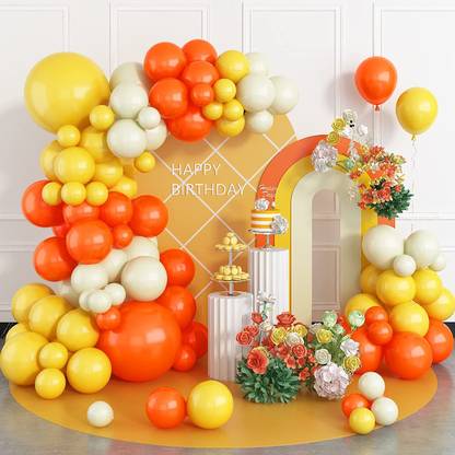 R G ACCESSORIES Solid White Orange Yellow Balloons Garland Decoration Kit With Arch (Pack Of 61) Balloon