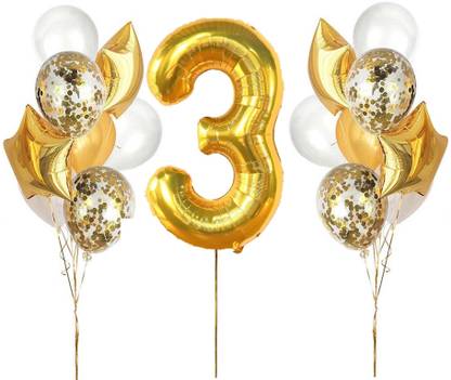 Bash N Splash Printed 3rd birthday Anniversary helium ready Number 3 balloon set with confetti & star Balloon Bouquet