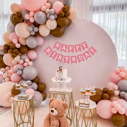 specialyou.in Brown, gray, Pink, Peach Brown, Gray, Pastel Pink and Peach Balloons with Pink Happy Birthday Banner-63