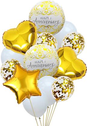SOI Solid Happy Anniversary Balloons Bouquet Set White Golden Pack Balloon