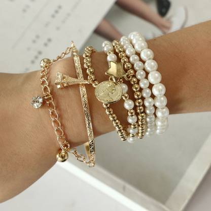 Vembley Alloy Pearl Gold-plated Bracelet Set
