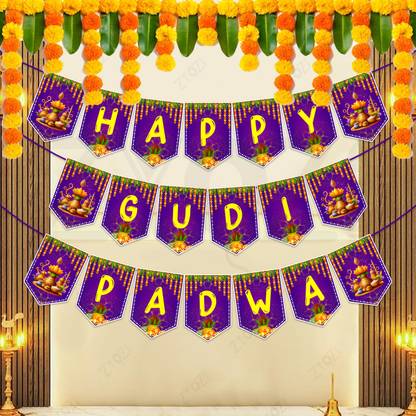 ZYOZI Happy Gudi Padwa Banner, Backdrop Decorations Banner for Gudi Padwa Banner
