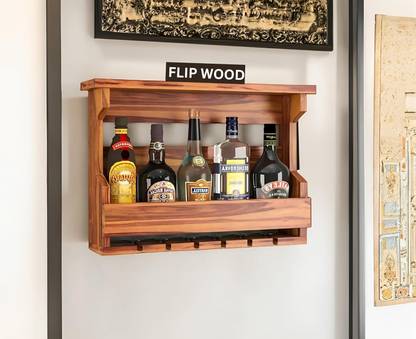 FLIPWOOD Sheesham Wooden Bar Cabinet | 5 Bottle Tabletop Wine Bottle & Glass Rack Solid Wood Bar Cabinet