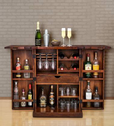 Allie Wood Sheesham Wood Bar Cabinet Rack Hard and Soft Drinks Storage Cabinets Furniture Wine Wisky Scotch All Type Drinks Bar Cabinet for Living Room (Honey Oak Finish) (With Lock Door System) Solid Wood Bar Cabinet