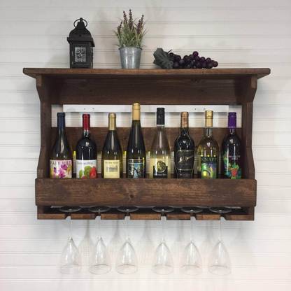 Wopno Furniture Pure Sheesham Wooden Wall Hanging Mounted Wine Rack Bar with Glass Holder Solid Wood Bar Cabinet