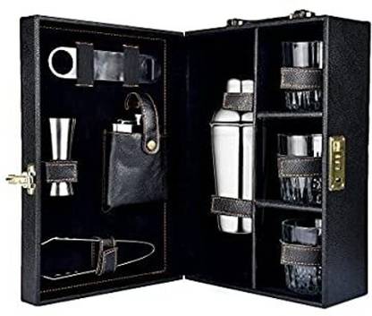 SKITCH 3 Glasses Mega Bar Set Portable Leatherette Briefcase 7 - Piece Bar Set