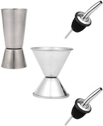 Dynore Set of 2 Double Sided Peg measure with Set of 2 Stainless steel wine pourer. 4 - Piece Bar Set