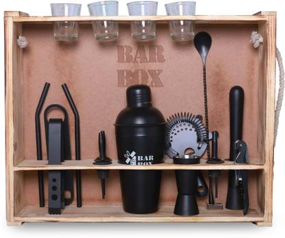 bar box Cocktail Shaker Rustic Wood Stand Bartender Kit Bar Set (Black Matte) 19 - Piece Bar Set