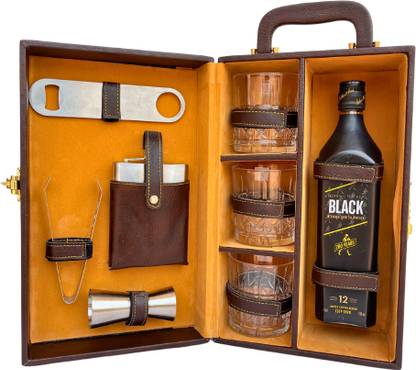 BIIGBUCKS Leather 3 Glass Portable Bar Set