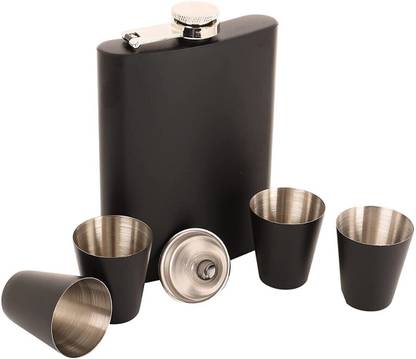 FABULASTIC Portable Stainless Steel Hip Flask with Funnel & 4 Shot Glass, Liquor, Wine, Whiskey, Vodka, Alcohol Drinks Holder Pocket Beverage Bottle for Men and Women's (Black, 500ML) 6 - Piece Bar Set