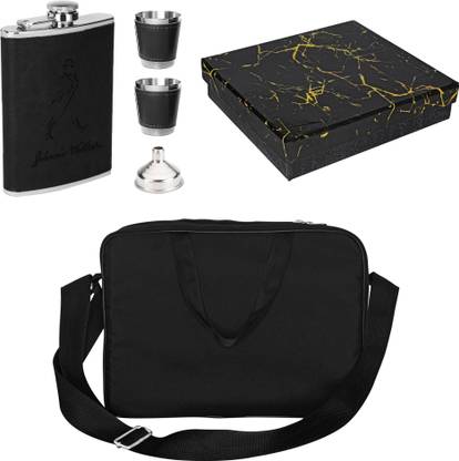 Nexshop ™$2150 Bar Set+Black BAG Leather Coated Flask 2 Glass ,1 Funnel Bar Set