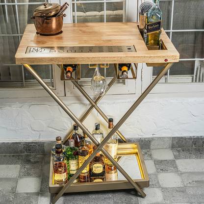 HAUS OF BARS Model J - Portable and Foldable Bar Table in Matte Gold Finish with Wooden Top Metal Bar Trolley