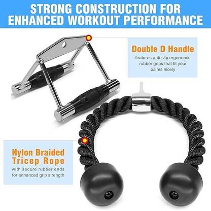 FSENTERPRISES Nylon Braided Tricep Rope and Double D Handle Bar Full Grip Heavy Steel Used Multi-training Bar