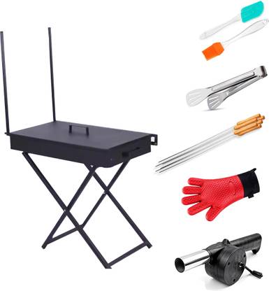 Freshome Portable Folding Metal BBQ Grill Set with Stand and Cooking Tools – Black Charcoal Grill